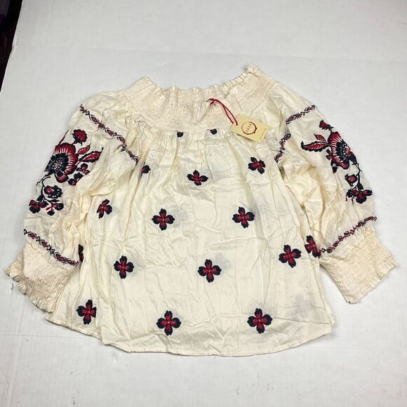 RAGA Off The Shoulder Peasant Top 3/4 Sleeve Embroidered Boho Shirt SMALL NEW - Picture 1 of 11
